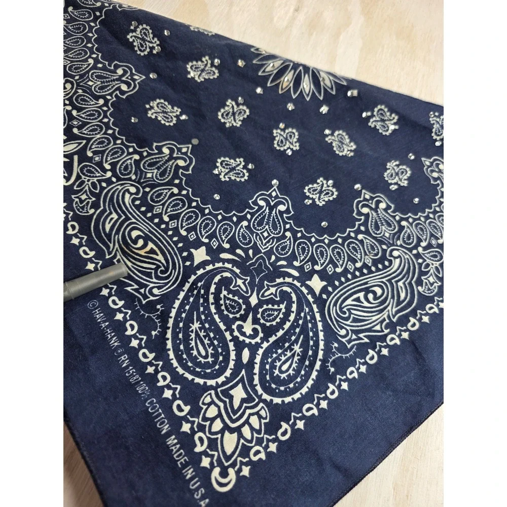 Hav-A-Hank Navy Blue Paisley Rhinestone Bandana Made in USA Cotton Western Boho